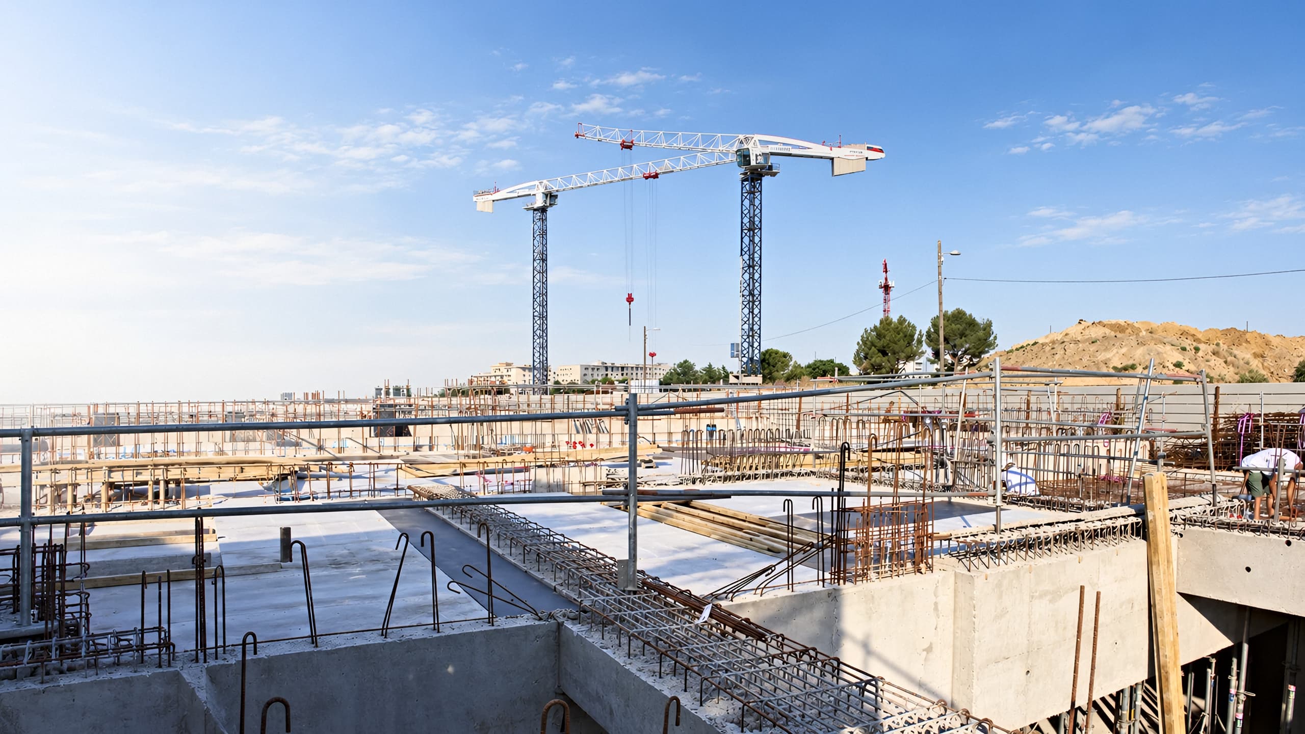 Deux grues à tour au-dessus de la dalle ferraillée du chantier de la Résidence Le Phanios